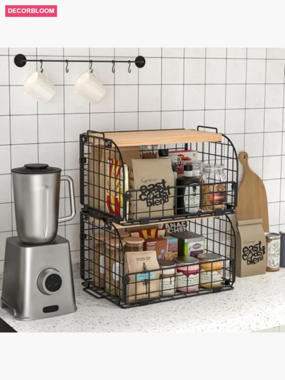 2-Stack Wire Basket with Bamboo Top - Kitchen Pantry Organizer